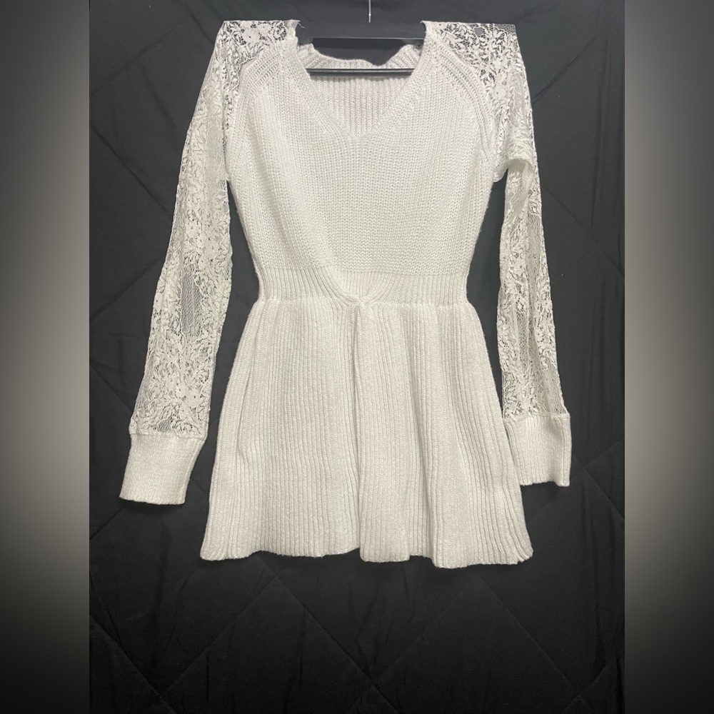 SHEIN White Knit Dress with Lace Sleeves